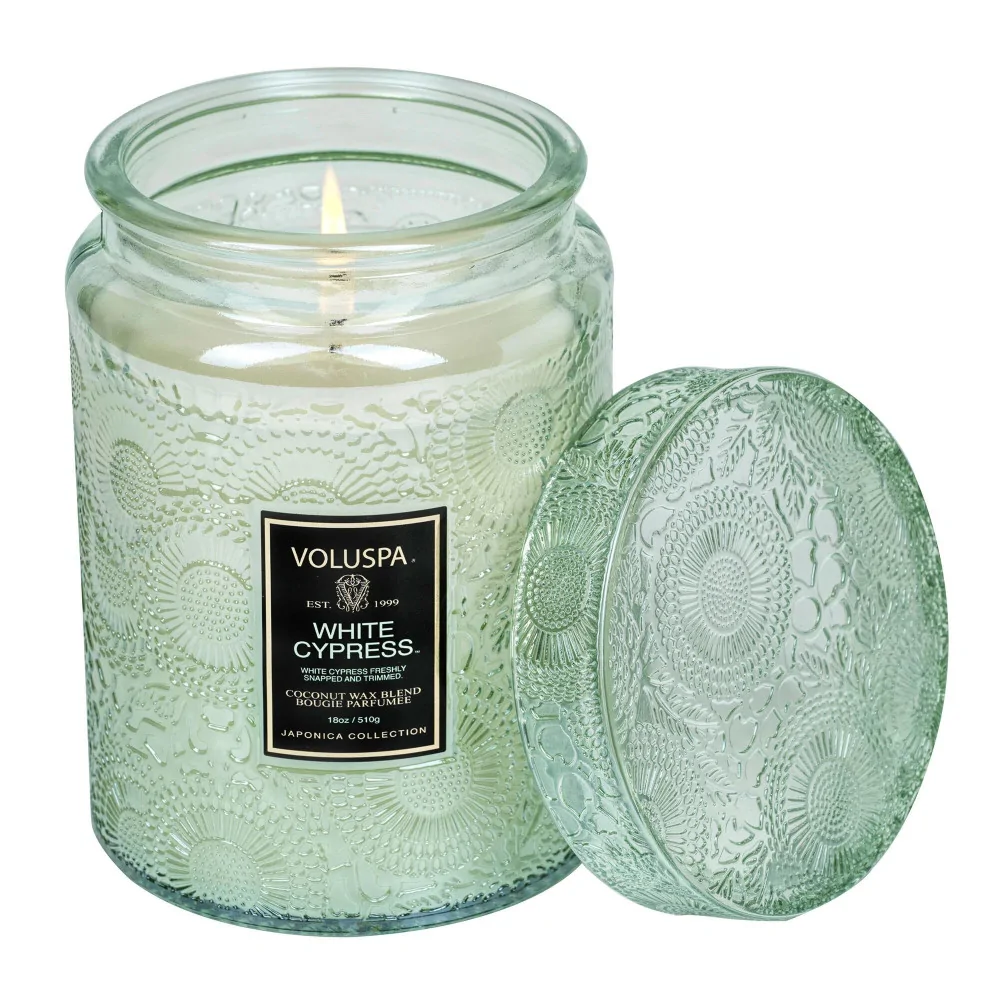 Vela Voluspa Grande Tarro Cristal White Cypress | Les aromes provence