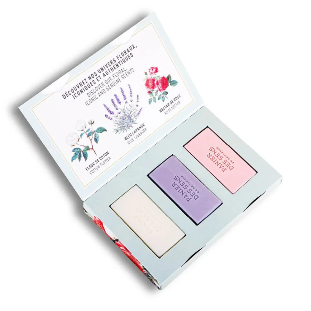 Caja Regalo 3 jabones Panier des Sens Flor Algodón, Lavanda y Nectar de Rosa 3 x 100g | Les aromes provence