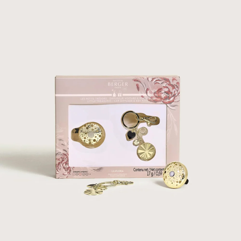 Caja Regalo Difusor para Coche y Llavero dorado Maison Berger aroma Liliflora | Les aromes provence