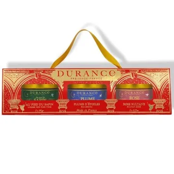 Cofre 3 Velas perfumadas Durance Au Pied du Sapin, Plume d'Étoiles y Rose Sultane