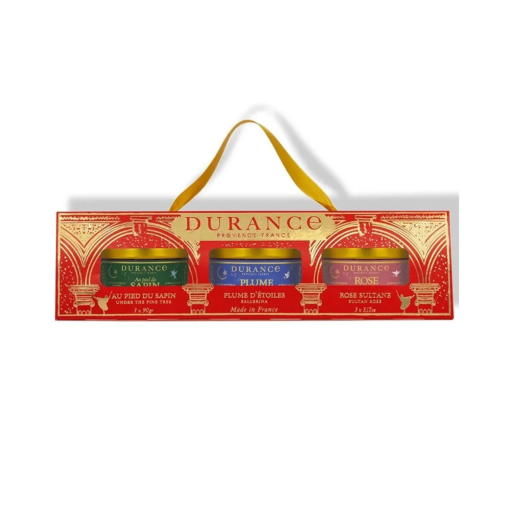 Cofre 3 Velas perfumadas Durance Au Pied du Sapin, Plume d'Étoiles y Rose Sultane
